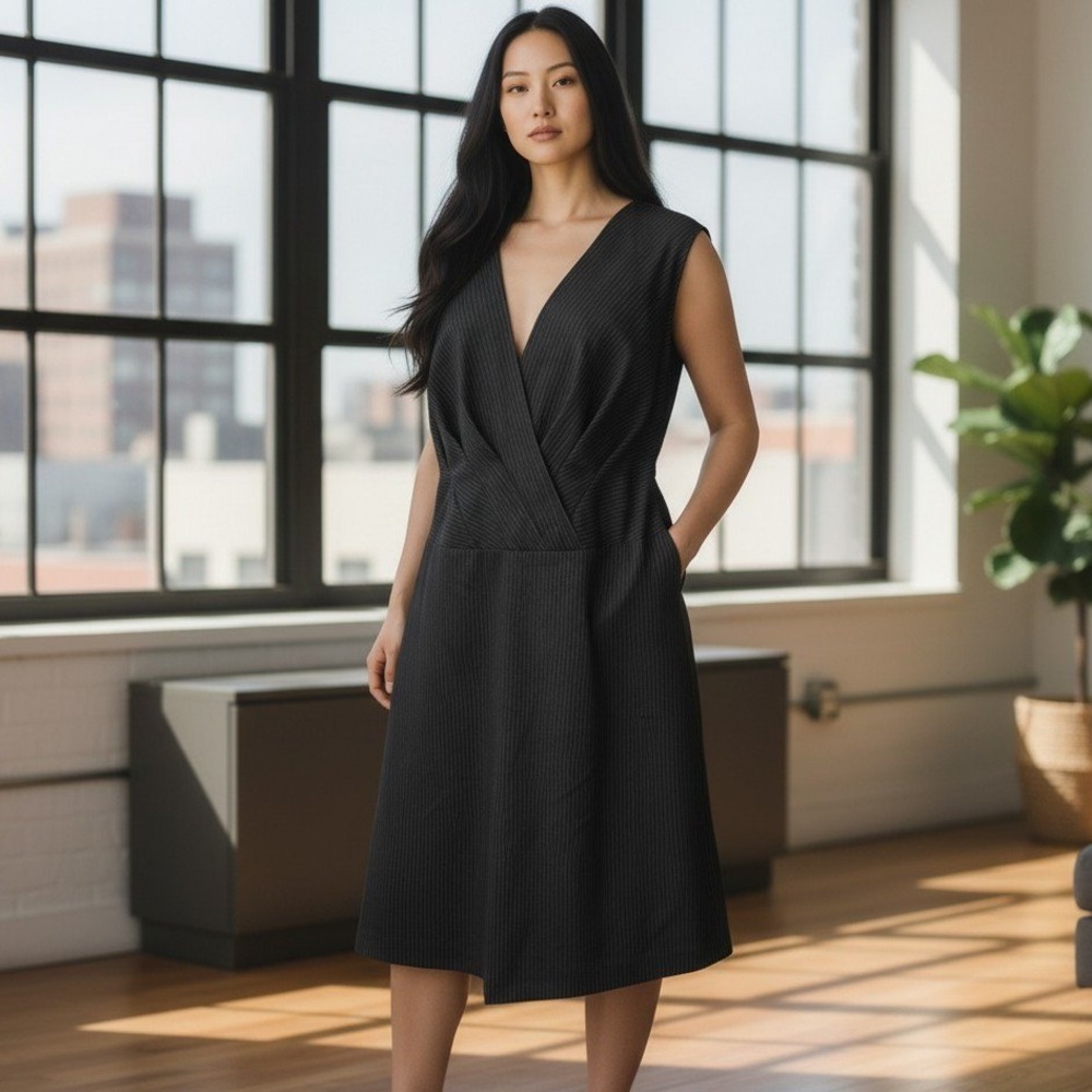 DKNY Sheath Dress Plus 14W Womens Black Pinstripe V Neck Sleeveless‎ NWT NEW